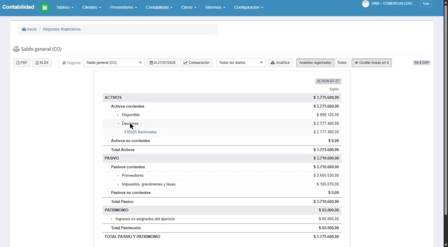 Balance general dinámico en Netzdi con activos, pasivos y patrimonio