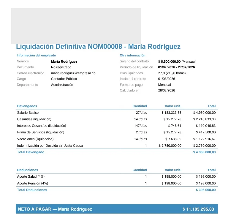 Liquidación de nómina en Netzdi con devengados, deducciones y neto a pagar