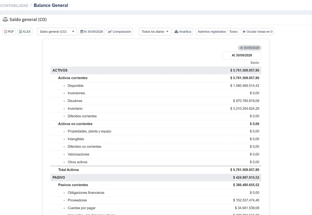 Balance general consolidado de las seis sedes en Netzdi, con activos, pasivos y patrimonio